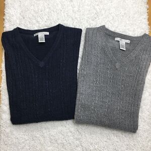 Vtg 2 Geoffrey Beene Sweater Vest XL Blue |Grey V-Neck Cable Knit Preppy Grandpa